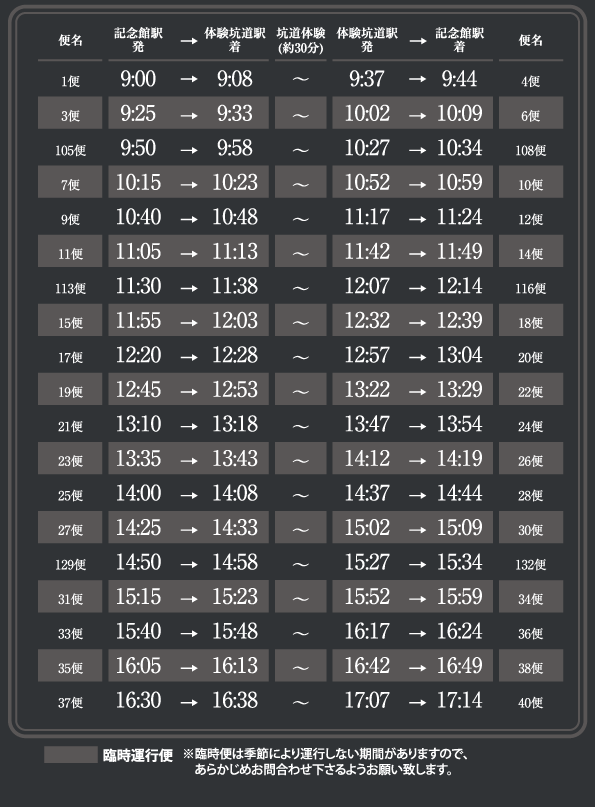 青函トンネル竜飛斜坑線「記念館駅」ケーブルカー時刻表